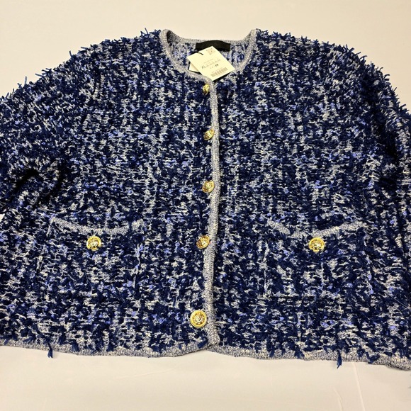Zara Sweaters - ZARA Textured Knit Cardigan Jacket XL Blue Gold Buttons Fringe Trim